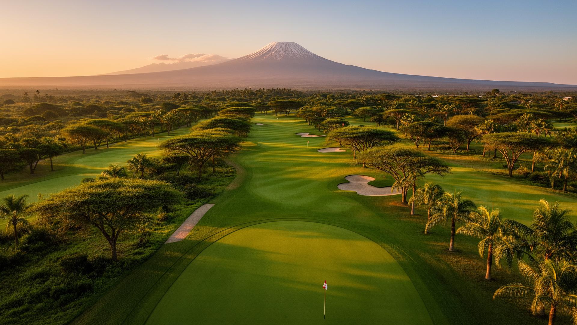 Aerial view of an East African golf course at sunset